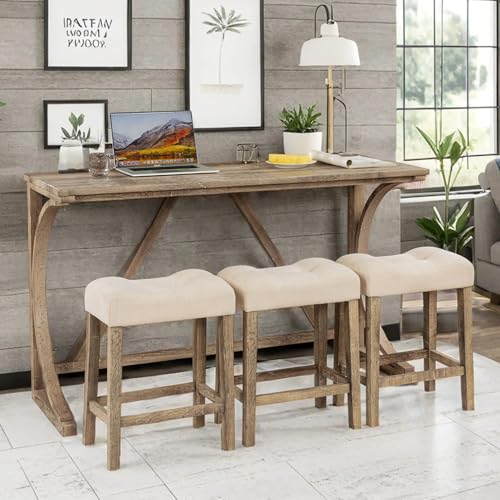 59" Counter Height Bar Table Set with Power Outlet, Industrial Breakfast Table with 3 Padded Stools, 4 Piece Bar Table and Chairs Set for Living Room, Dining Room, Brown - color: O-brown