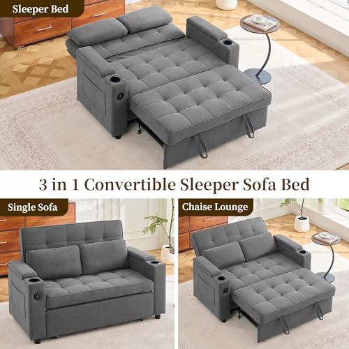 Korser 55.5'' 3-in-1 Convertible Sofa Bed, Pull Out Couch with 5-Position Adjustable Backrest, Loveseat Sleeper Sofa for Small Spaces, Sofa Couch with Cup Holders for Living Room, Office, Chenille - color: Dark Grey