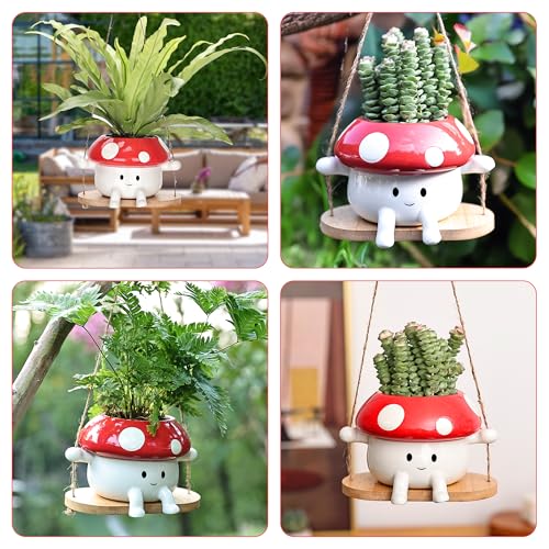 Fungi Fun Mushroom Hanging Planter Pot, Cute Ceramic Swing Face Planter for Indoor & Outdoor, Unique Mushroom Planters for Succulents, String of Pearls Plant, Small Hanging Planters Red & White