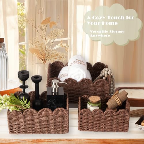 Scalloped Wicker Basket Set of 3, Hand-Woven Storage with Handles | set of 3 brown scalloped baskets with handles. Hand-woven paper rope for shelves, bathroom or closet. Stackable, sturdy. - color: Brown