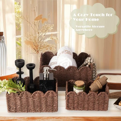 Scalloped Wicker Basket Set of 3, Hand-Woven Storage with Handles | set of 3 brown scalloped baskets with handles. Hand-woven paper rope for shelves, bathroom or closet. Stackable, sturdy. - color: Brown