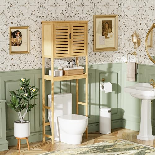 SMIBUY Bathroom Over The Toilet Storage Cabinet, 2 Door Bamboo Cabinet Organizer, Freestanding Space Saver Toilet Rack with Adjustable Inside Shelf and Open Shelf (Natural) - color: Natural