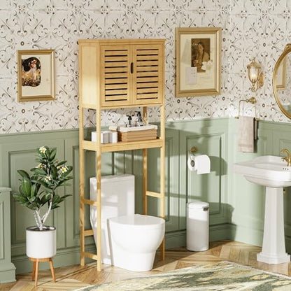 SMIBUY Bathroom Over The Toilet Storage Cabinet, 2 Door Bamboo Cabinet Organizer, Freestanding Space Saver Toilet Rack with Adjustable Inside Shelf and Open Shelf (Natural) - color: Natural