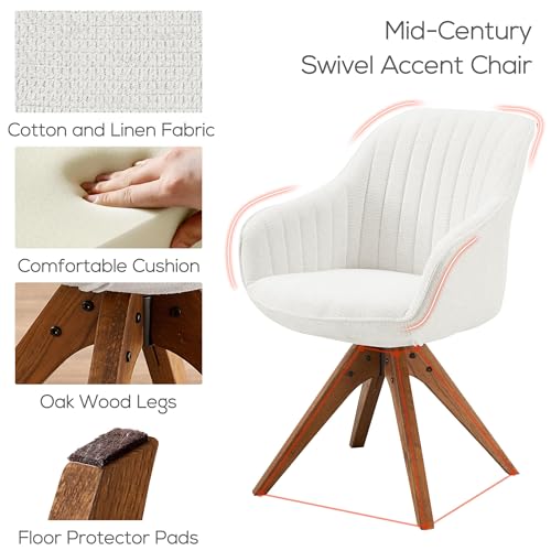 Swivel Desk Chair for Home Office, Fabric, Beige | No Wheels, Oka Wood Legs, Mid Century Modern, Upholstered, 360° Swivel, Accent Chair, Living Room, Bedroom - color: Beige, size: Fabric