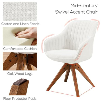 Swivel Desk Chair for Home Office, Fabric, Beige | No Wheels, Oka Wood Legs, Mid Century Modern, Upholstered, 360° Swivel, Accent Chair, Living Room, Bedroom - color: Beige, size: Fabric