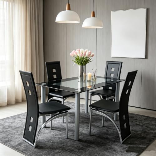 5-Piece Dining Table Set for 4, Table with 4 High Back Chairs, Sliver - color: Sliver, size: Table & Chairs