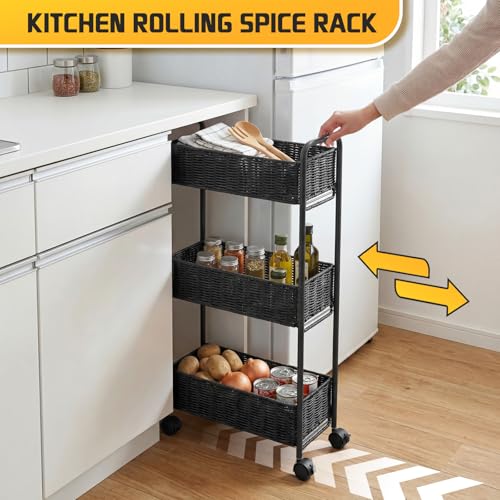 Utility Slim Storage Cart,3-Tier Rolling Kitchen Office Laundry Room Cart,Mobile Shelving Unit Organizer for Living Room Bathroom Baby Diaper Narrow Places (Black, 3 Tiers-7.1 inch (W)) - color: Black