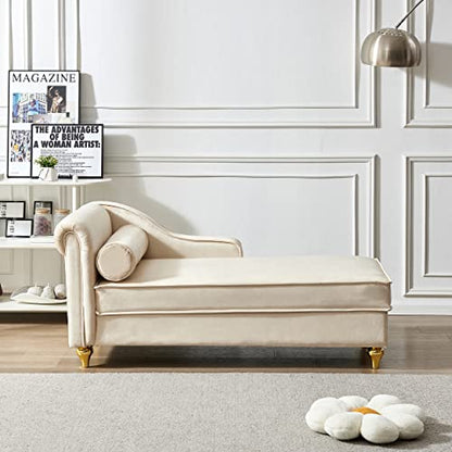 60.6" Modern Storage Chaise Lounge Indoor,Velvet Upholstery Sofa Chair with1 Toss Pillows,Upholstery Lounge Sofa with Gold Metal Legs for Small Apartment,Living Room,Office,Reception Area,Beige - color: Beige