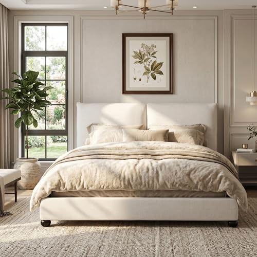 DNYN Upholstered Platform Bed Frame with Thick Pillow-Back Headboard | Linen Fabric Bed| Low-profile Design| No Box Spring Needed| Wooden Slats Support| Easy Assemble| Queen Size - size: Queen