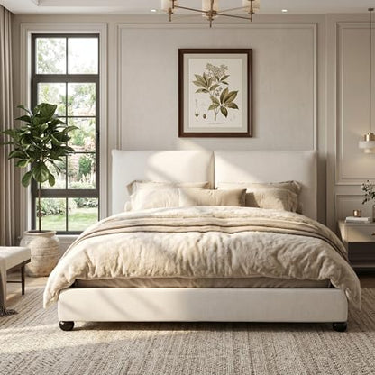 DNYN Upholstered Platform Bed Frame with Thick Pillow-Back Headboard | Linen Fabric Bed| Low-profile Design| No Box Spring Needed| Wooden Slats Support| Easy Assemble| Queen Size - size: Queen