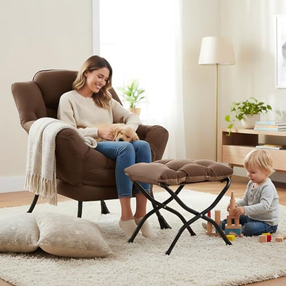 Lazy Chair with Ottoman, Comfy Accent Reading Chair, Dark Brown | Foldable Footrest,Removable Cover,with Armrests and Side Pockets,Upholstered Lounge Chair for Bedroom,Dorm,Office,Small Space - color: Dark Brown
