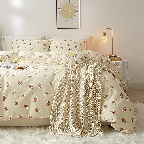 LifeTB Cute Strawberry Duvet Cover Twin Kids Girls Strawberry Bedding Set Kawaii Kids Duvet Cover Soft 100% Cotton Fruit Bedding Cover Boy Teen Cute Comforter Cover with 2 Pillowcases, Cream White - color: A7# Small Strawberry, size: Twin(68"x86")