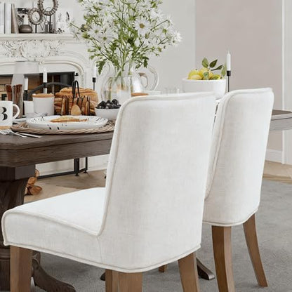 Upholstered Parsons Chair Set of 2, Linen Fabric Solid White Dining Chairs with Walnut Wood Leg Cushioned Back Modern Rustic Side Chairs for Living Room/Kitchen/Dining/Restaurant - color: Linen- White, size: 2 Chairs