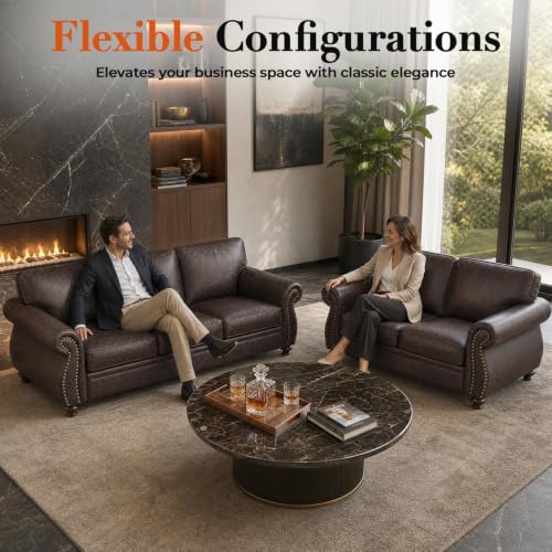 71"W Living Room Furniture Sets, Loveseat&Single, Brown | Faux Leather Fabric Sofa and Couch Sets, Mid-Century Loveseat and Sofa Set with Nailhead Trim - color: Brown, size: M-3 seat