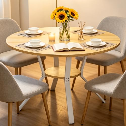 Wildhome Round Dining Table for 2-4, 43 Inch Dining Room Kitchen Table with 1-Tier Storage Shelf, Modern Farmhouse Dinner Furniture with Adjustable feet,Oval Circle(43in-Oak) - color: 43in-air-oak