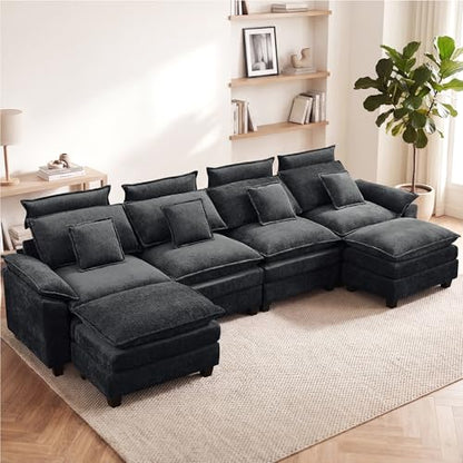 134'' U Shaped Sectional Couch, Cloud Deep Seat Sofa Couch with 2 Ottoman, Detachable Headrest, Oversized Modular 5 Seater Sofas for Living Room, Dark Grey - color: Dark Grey, size: U Shaped Couch