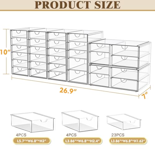 YFXCVSL 6-Pack Acrylic 31-Drawer Storage & Makeup Organizer for Desk | Smooth-glide drawers, clear acrylic, stackable, dustproof, wipe-clean, for makeup palettes, lipsticks, blushes, cotton pads - size: 31 Drawers