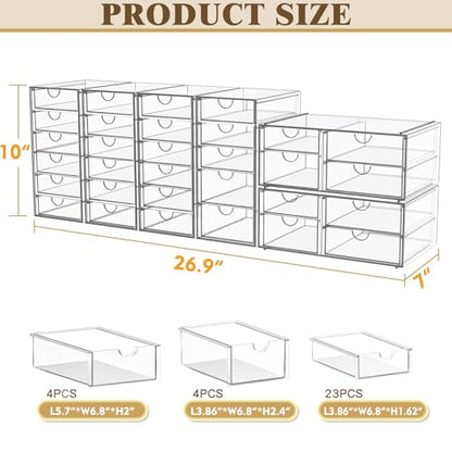 YFXCVSL 6-Pack Acrylic 31-Drawer Storage & Makeup Organizer for Desk | Smooth-glide drawers, clear acrylic, stackable, dustproof, wipe-clean, for makeup palettes, lipsticks, blushes, cotton pads - size: 31 Drawers