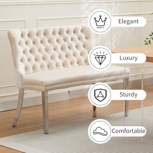 Beige Velvet Dining Bench with Back, Tufted Banquette Seating, Silver Legs | Upholstered loveseat bench; tufted back; nailhead trim; 500 lb capacity; foam and spring seat; dining room or entryway - color: Beige(silver Stainless Steel Legs)