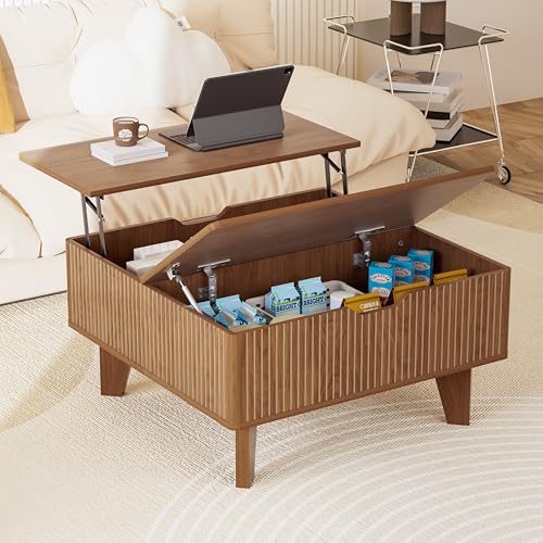 Fluted Lift Top Coffee Table with Storage, Wood Square Flip-Top Mid Century Modern Center Table for Living Room with Hidden Compartment, Walnut - color: Walnut-square (Flip Top)