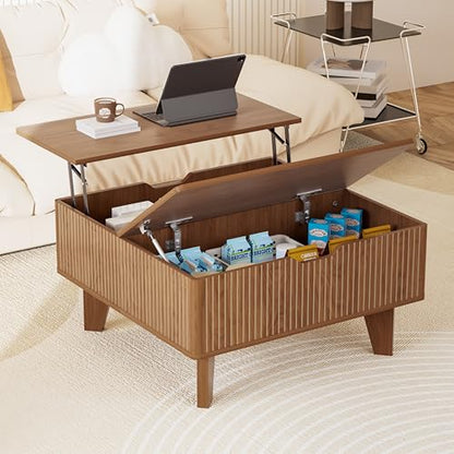 Fluted Lift Top Coffee Table with Storage, Wood Square Flip-Top Mid Century Modern Center Table for Living Room with Hidden Compartment, Walnut - color: Walnut-square (Flip Top)