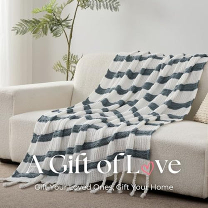 Boho Knitted Chenille Blanket with Tassels - Lightweight & Soft All-Season Throw - 3D Classic Pattern for Living Room Bedroom Couch, Celestial Blue(Striped), Twin 60"x80" - color: Celestial Blue(striped), size: Twin