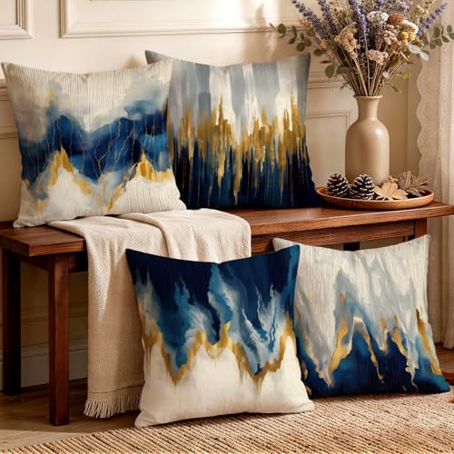 OBSEDE Blue Gold Abstract Art Modern Throw Pillow Covers 18 x 18 Set of 4 | Faux Linen Texture, Decorative Cushion Cases, Living Room Sofa Bed Ornament, Aesthetic Home Decor, Housewarming Gift Idea - color: Blue and Gold Abstract Art, size: 18" x 18" (Pac