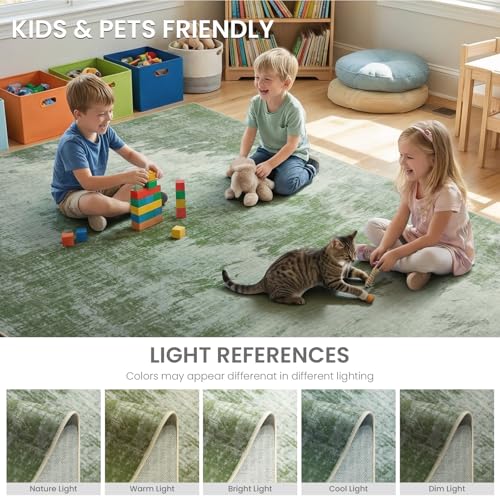 5'x7' Sage Green Faded Abstract Faux Wool Area Rug Living Room Soft | Modern Machine Wash Non-Slip Rug Throws, Kid-Friendly Low Profile Carpet for Bedroom, Kids Room, Farmhouse Under Bed, Green - color: Woodland‌, size: 5' x 7' (Rectangular)