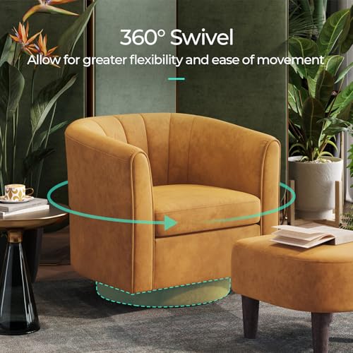LINSY Large Swivel Accent Chair with Ottoman, Velvet Barrel Chair with Footrest, Modern Upholstered Comfy Reading Chair Armchair for Living Room, Bedroom, Study Room, Office, Yellow - color: Yellow, size: Large
