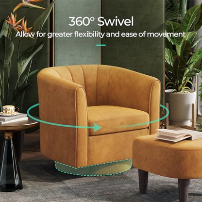 LINSY Large Swivel Accent Chair with Ottoman, Velvet Barrel Chair with Footrest, Modern Upholstered Comfy Reading Chair Armchair for Living Room, Bedroom, Study Room, Office, Yellow - color: Yellow, size: Large
