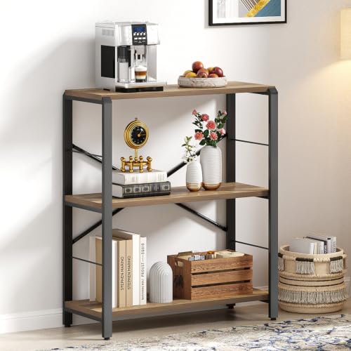 Small Bookshelf, 3 Tier Open Book Shelf, Rustic Wood and Metal Shelving Unit for Small Space, Oak - color: Oak, size: 3-Tier