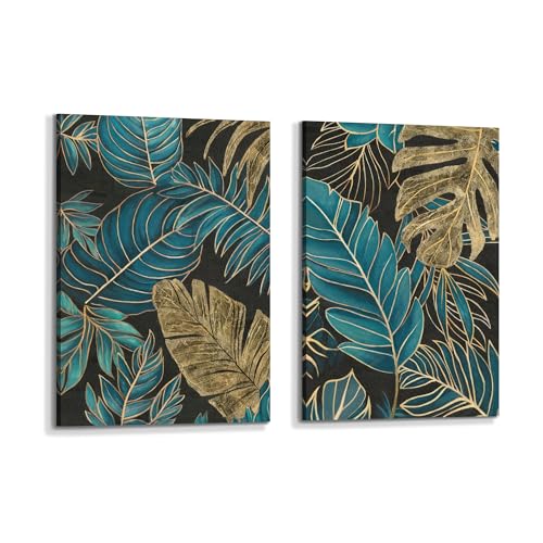 arttitue Botanical Canvas Leaf Wall Art: Plant Picture Painting Print 2 Piece Tropical Monstera Palm Leaves Artwork Boho Living Room Bedroom Home Office Decor - color: Monstera Leaf, size: 24"x16"x2Pcs