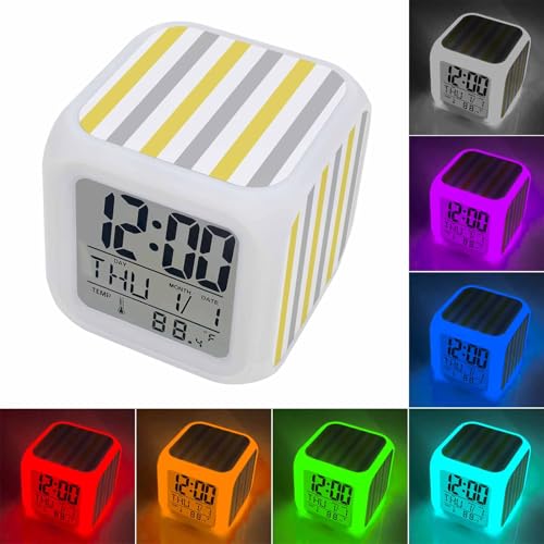Digital Alarm Clocks for Bedroom,Minimalist Yellow Grey White Striped Cube Alarm Clock with Snooze and Nightlight Abstract Geometric Line Silent Office Desk Clock Time/Date/Temperature Display - color: Yellow