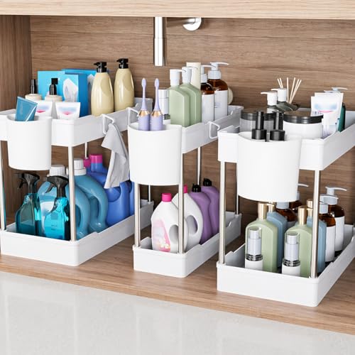 3 Pack Under Sink Organizer Bathroom and Storage Cabinet (White) | 2 Tier with Hanging Cups for Kitchen - color: White