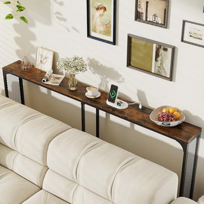 GIANTEX 71" Narrow Console Table with 2 Power Outlets and USB-C Ports | Sofa Table w/ Charging Station & Metal Frame, Skinny Behind Couch Tables, Long Entryway Tables for Living Room, Rustic Brown - color: Rustic Brown + Black