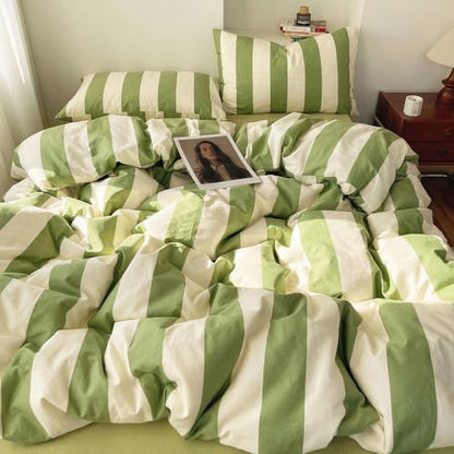 LifeTB Sage Green and White Striped Duvet Cover Set Twin, 100% Washed Microfiber Soft Breathable Striped Bedding Set, 3 Pieces Retro Stripes Pattern Printed Comforter Cover with 2 Pillowcases - color: 09# Sage Green Striped, size: Twin(68"x86")