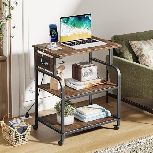 YAOHUOO 3 Tier Large Printer Stand with Power Outlet/Adjustable Shelf | 22"x15" Large Top,Fit 2-3 printers,Rolling Cart with Wheels,Table for Home Office,Fit 3D Printer/Heat Press/Laser,Brown - color: Rustic Brown, size: 22"×15"