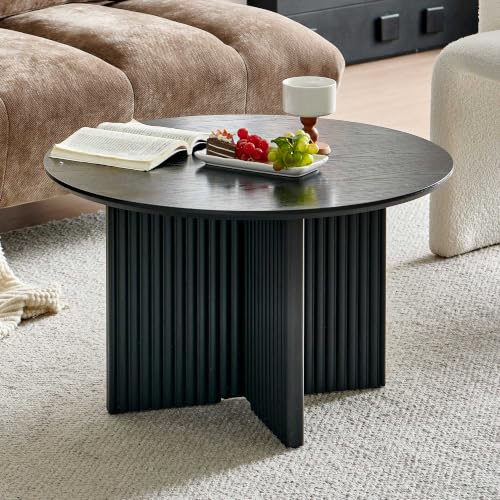 27" Round Coffee Table, Modern Coffee Tables with Fluted Base, Wooden Circle Accent Center Table for Living Room Small Space Apartment Office, Black - color: Black, size: 27" Cross-leg Table