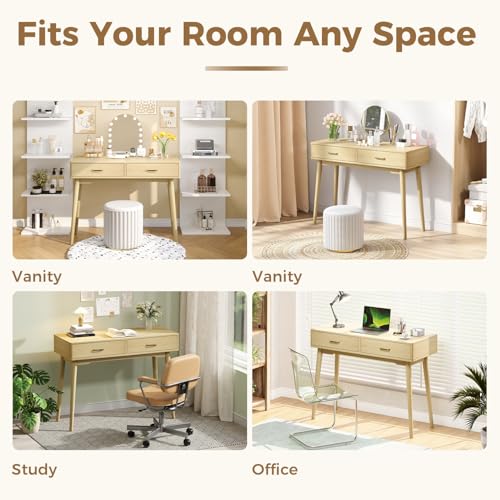 Small Wood Desk with Drawers, 40 Inch Vanity Desk no mirror, Writing Desk | FUNKOCO Study Desk with 4 Solid Legs, Modern Computer Desk for Small Spaces, Home Office - color: Wood