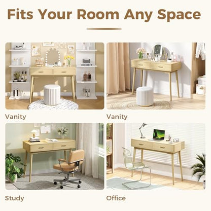 Small Wood Desk with Drawers, 40 Inch Vanity Desk no mirror, Writing Desk | FUNKOCO Study Desk with 4 Solid Legs, Modern Computer Desk for Small Spaces, Home Office - color: Wood