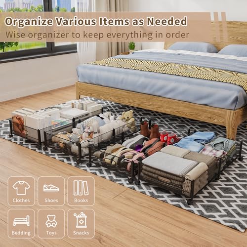 Under Bed Storage with Wheels, 31.5in / 35L Large Rolling Underbed Storage, Underbed Drawer on Wheels, Tool-free Assembly Metal Under Bed Drawers Organizer Container for Bedroom Shoes Clothes Toys - size: 2 Pack (31.5×15.7")