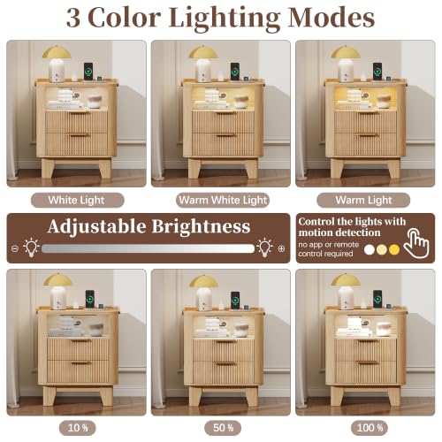 Baoz Fluted Nightstand with Charging Station & 2 Drawers, Natural Oak | 20" Wide Mid Century Modern Bedside Table with Light Wood Curved Profile 27in Tall LED Night Stand for Bedroom - color: Oak, size: 2 Drawers