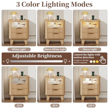Baoz Fluted Nightstand with Charging Station & 2 Drawers, Natural Oak | 20" Wide Mid Century Modern Bedside Table with Light Wood Curved Profile 27in Tall LED Night Stand for Bedroom - color: Oak, size: 2 Drawers