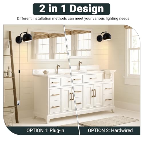 Plug in Wall Sconces Set of 2, Adjustable Angle Black Wall Lights with Plug in Cord & On/Off Switch, Bedside Wall Mount Lamps with Globe Shade for Bedroom Living Room Bathroom (2 Bulbs Included)
