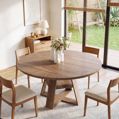 Tribesigns 47.24" Round Dining Table for 4-6, Modern Farmhouse Circle Kitchen Table with X-Cross Base & Storage Shelf, Wooden Pedestal Base for Dining Room Kitchen, Brown
