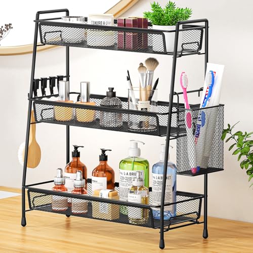 VITVITI 3 Tier Bathroom Organizer Countertop, Counter Storage Shelf, Black | Metal Wire Mesh Bathroom Counter Organizer with Basket Hooks, Vanity Tray, Kitchen Spice Rack - color: 3 Tier Large Black