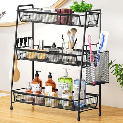 VITVITI 3 Tier Bathroom Organizer Countertop, Counter Storage Shelf, Black | Metal Wire Mesh Bathroom Counter Organizer with Basket Hooks, Vanity Tray, Kitchen Spice Rack - color: 3 Tier Large Black
