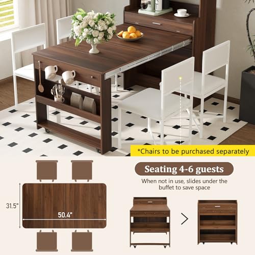 Wood Buffet Cabinet with Folding Dining Table, Craft Cabinet with Fold Out Table and Storage Shelf, Hooks, Multifunctional Cupboard for Small Places,Studio, Apartment (Walnut) - color: Walnut