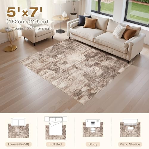 kakania Abstract 5x7 Area Rugs for Living Room: Washable Rugs Brown | Soft, Non-Slip, Low-Pile, Pet & Kid Friendly - Modern Home Decor Carpet for Bedroom/Dining Room/Office/Nursery - color: Brown, size: 5' x 7' (Rectangular)