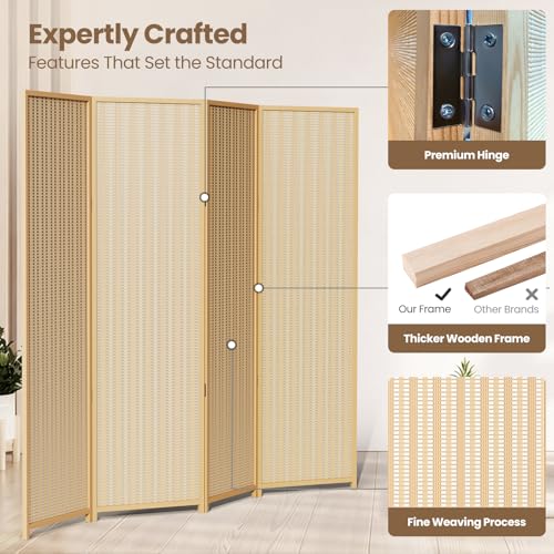 4 Panel Bamboo Room Divider, Folding Privacy Screen, Natural | Pine wood frame, dual-action stainless steel hinges, 5.6FT tall, extends to 63 inches wide, no assembly - color: Natural, size: 4 Panel